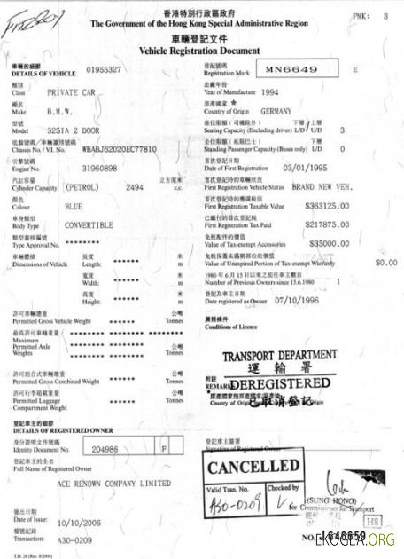 Certificat d'immatriculation du véhicule de Hong Kong